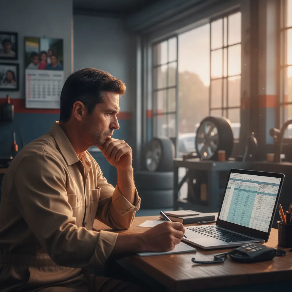 Dono de oficina analisando o relatório financeiro no computador
