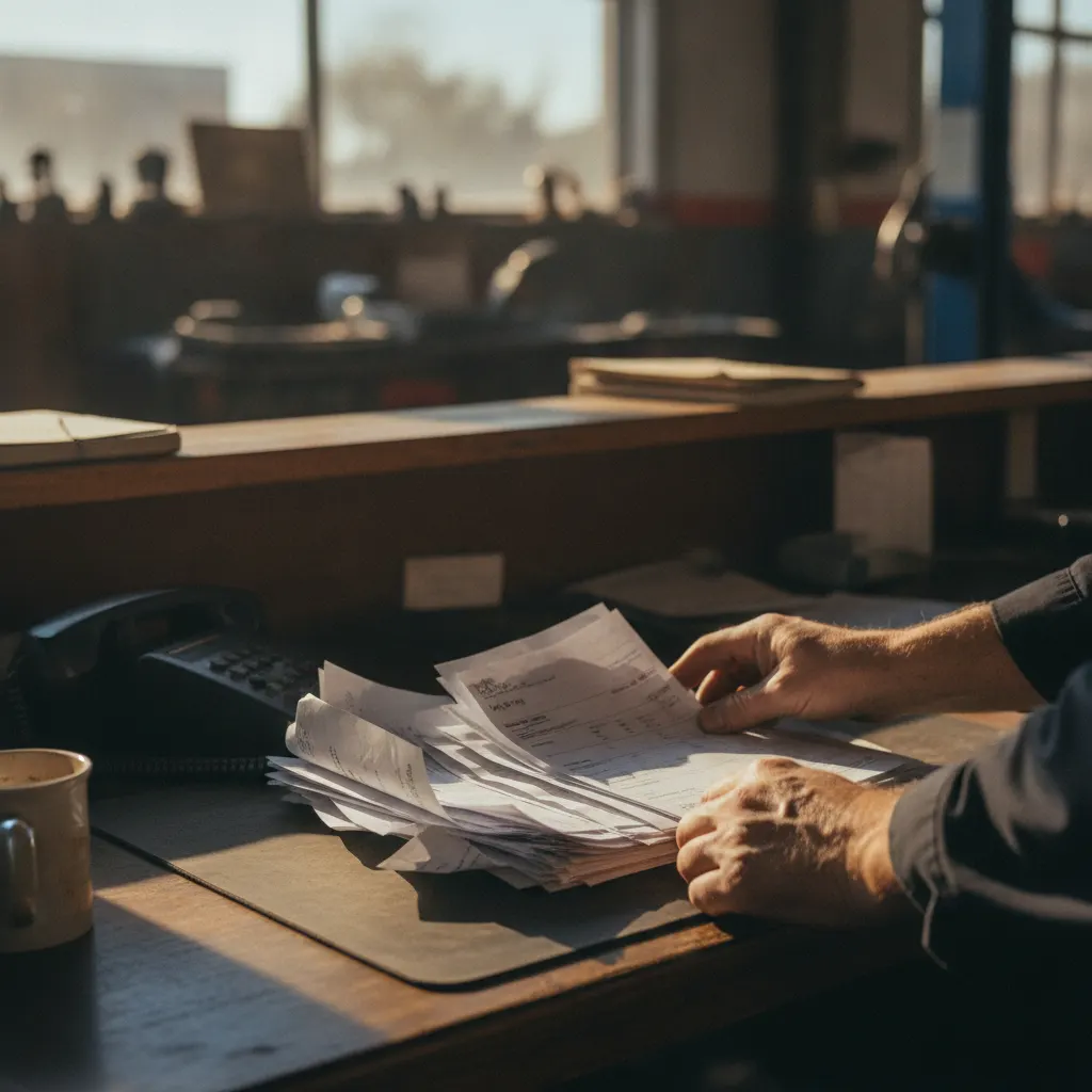 Dono de oficina revisando contas a receber e ligando para cobrar um cliente