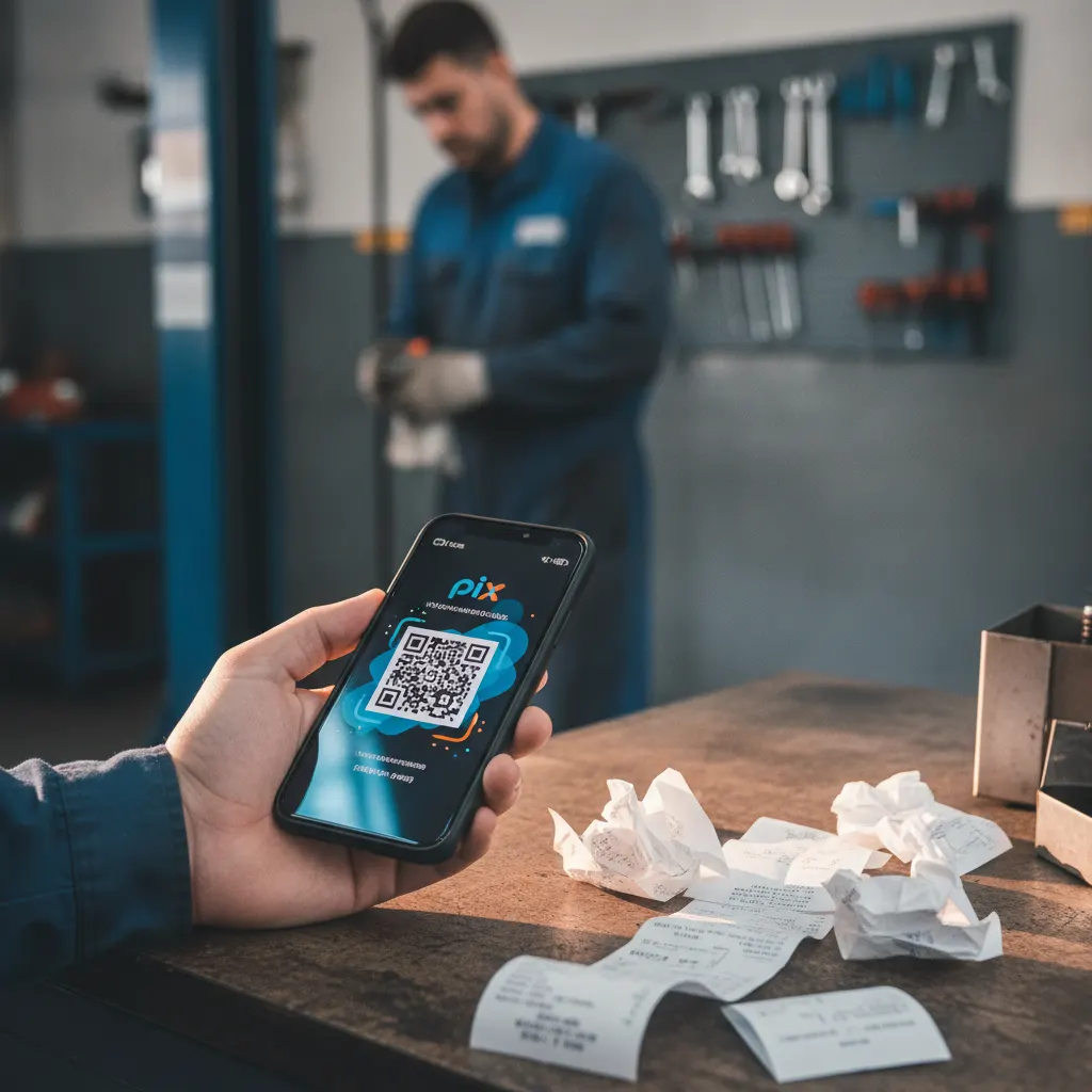Cliente pagando com PIX no balcão de uma oficina mecânica